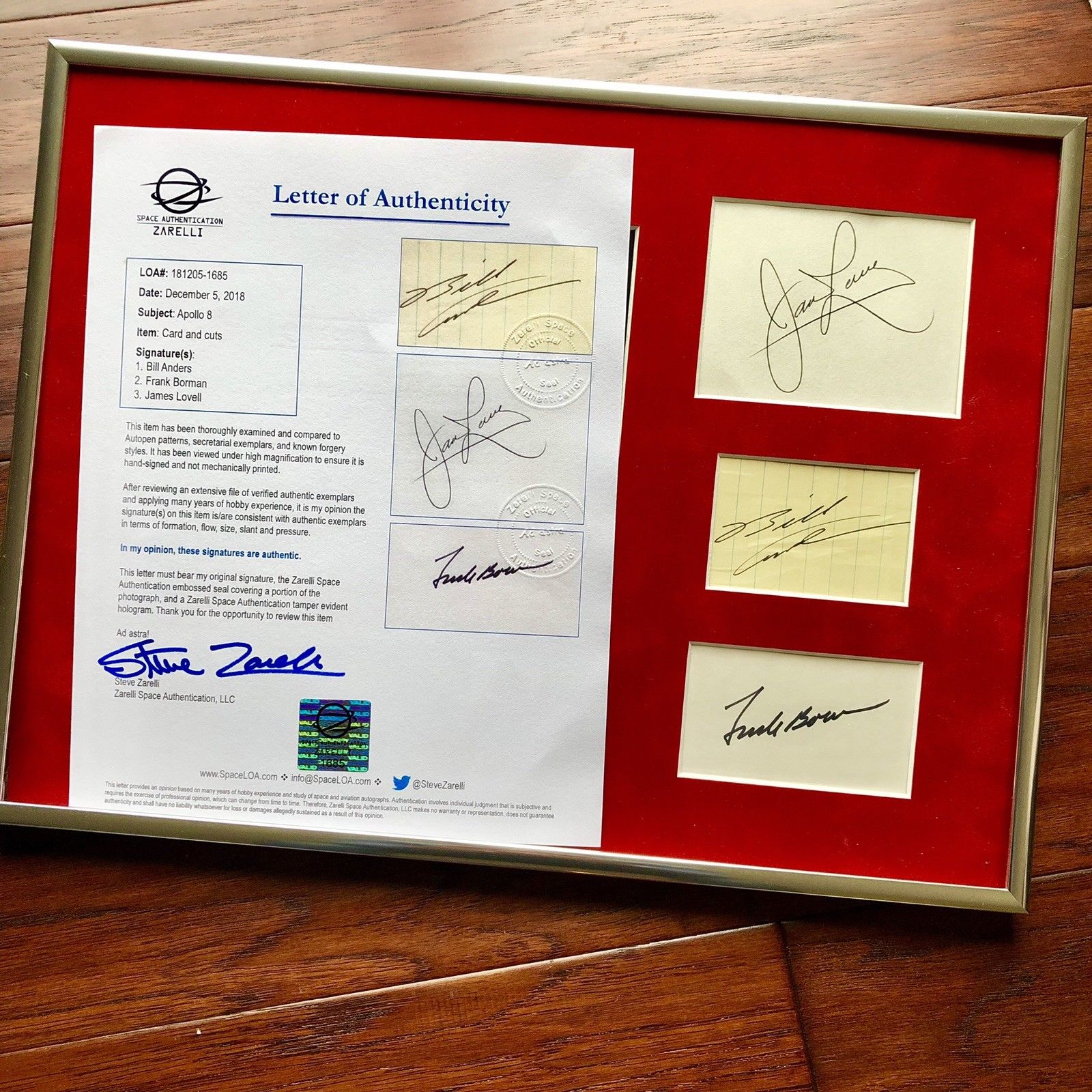 APOLLO 8 * Zarelli LOA * Crew Signed Display * William Bill Anders Autograph