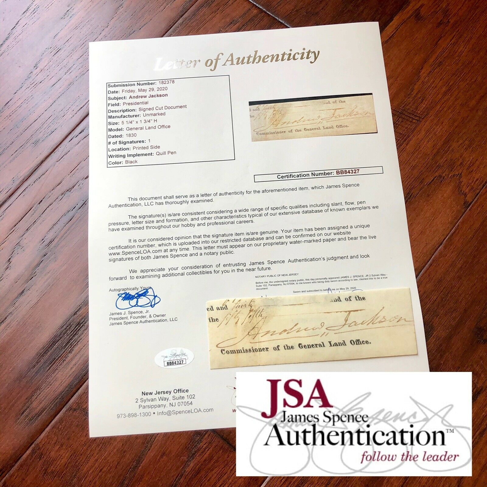 ANDREW JACKSON * JSA LOA * Autograph Cut Signature Signed * As President