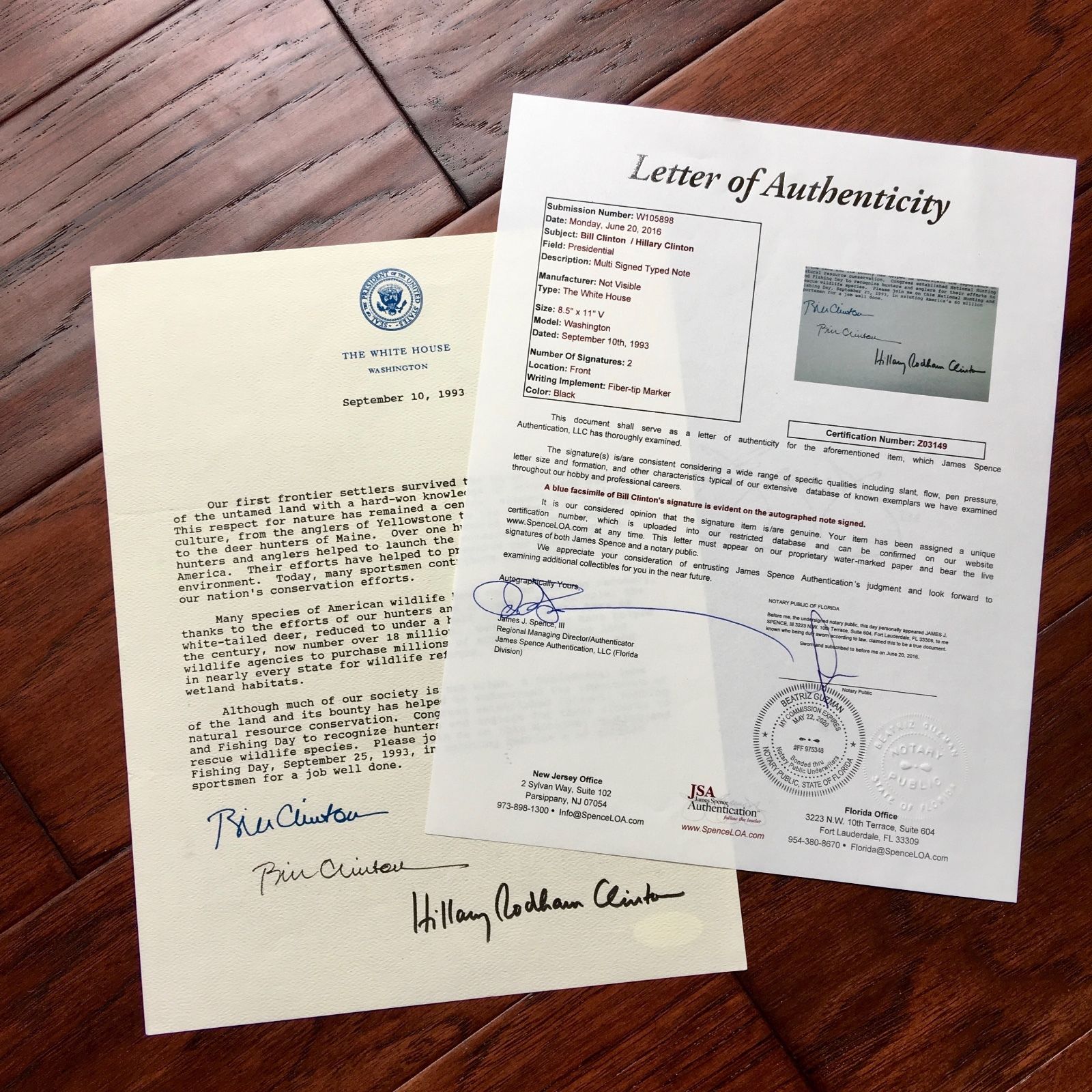 BILL CLINTON HILLARY AUTOGRAPH as-PRESIDENT White House Proclamation JSA COA