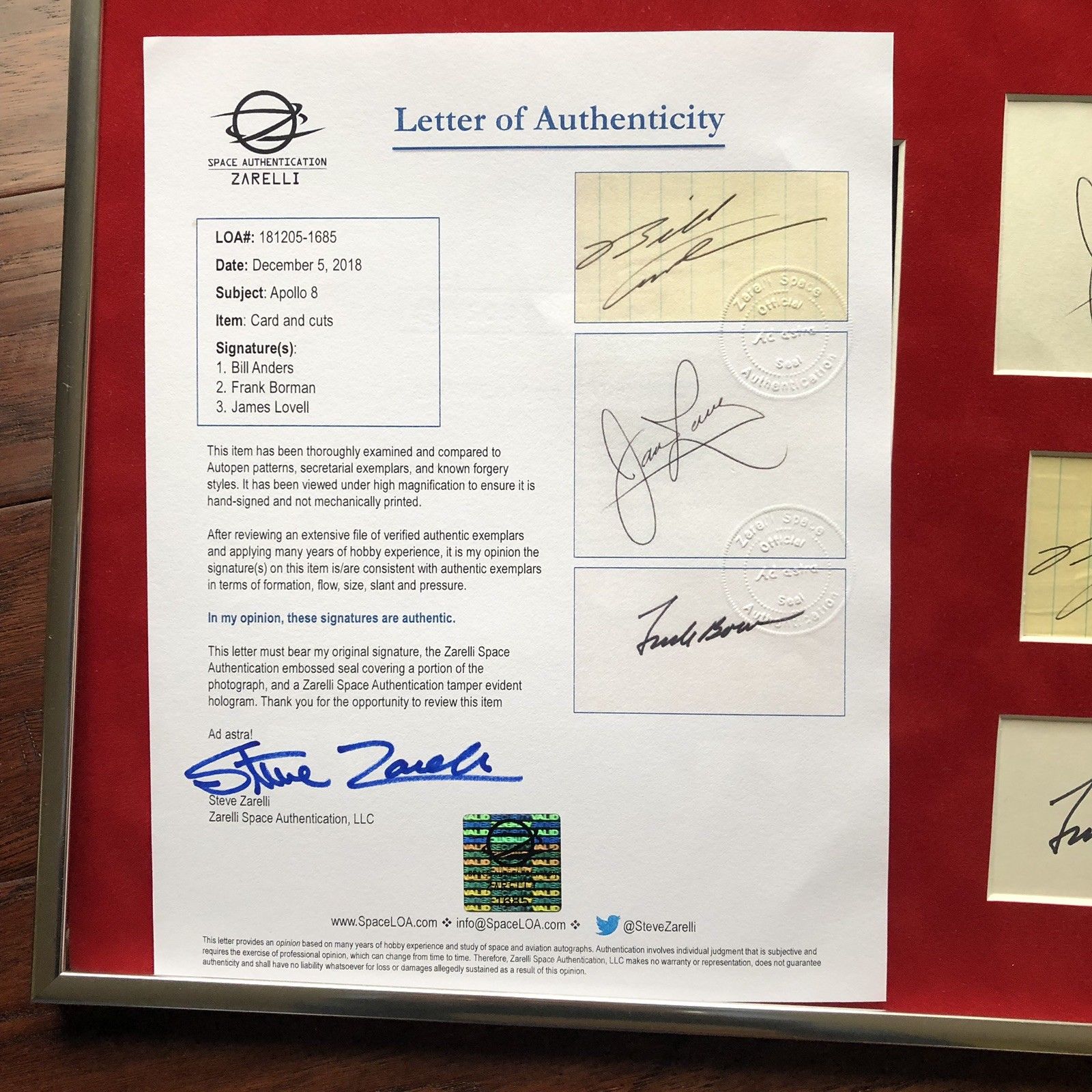 APOLLO 8 * Zarelli LOA * Crew Signed Display * William Bill Anders Autograph