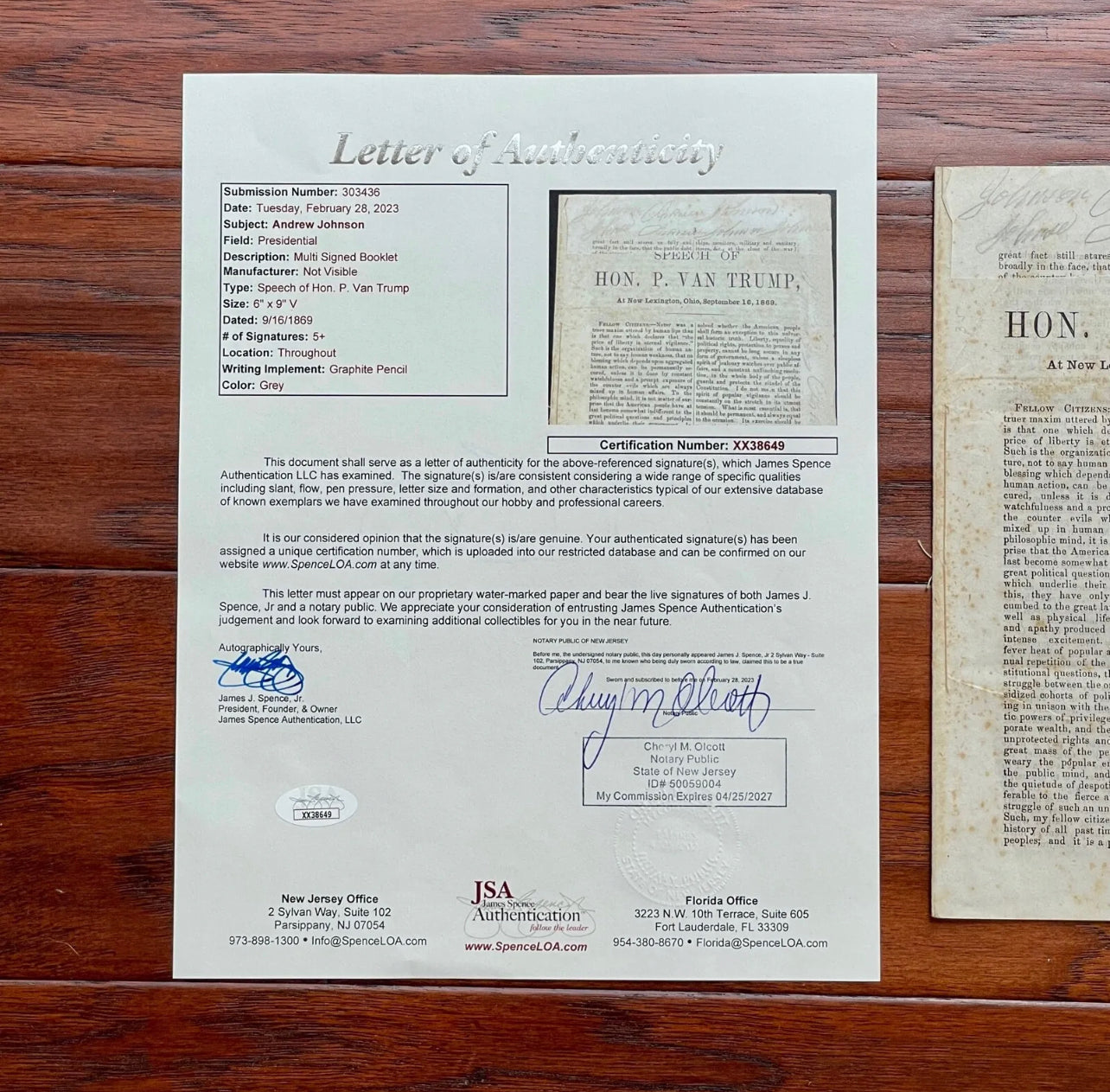 ANDREW JOHNSON * JSA LOA * Signed 6x Autograph Pamphlet * Abraham Lincoln VP