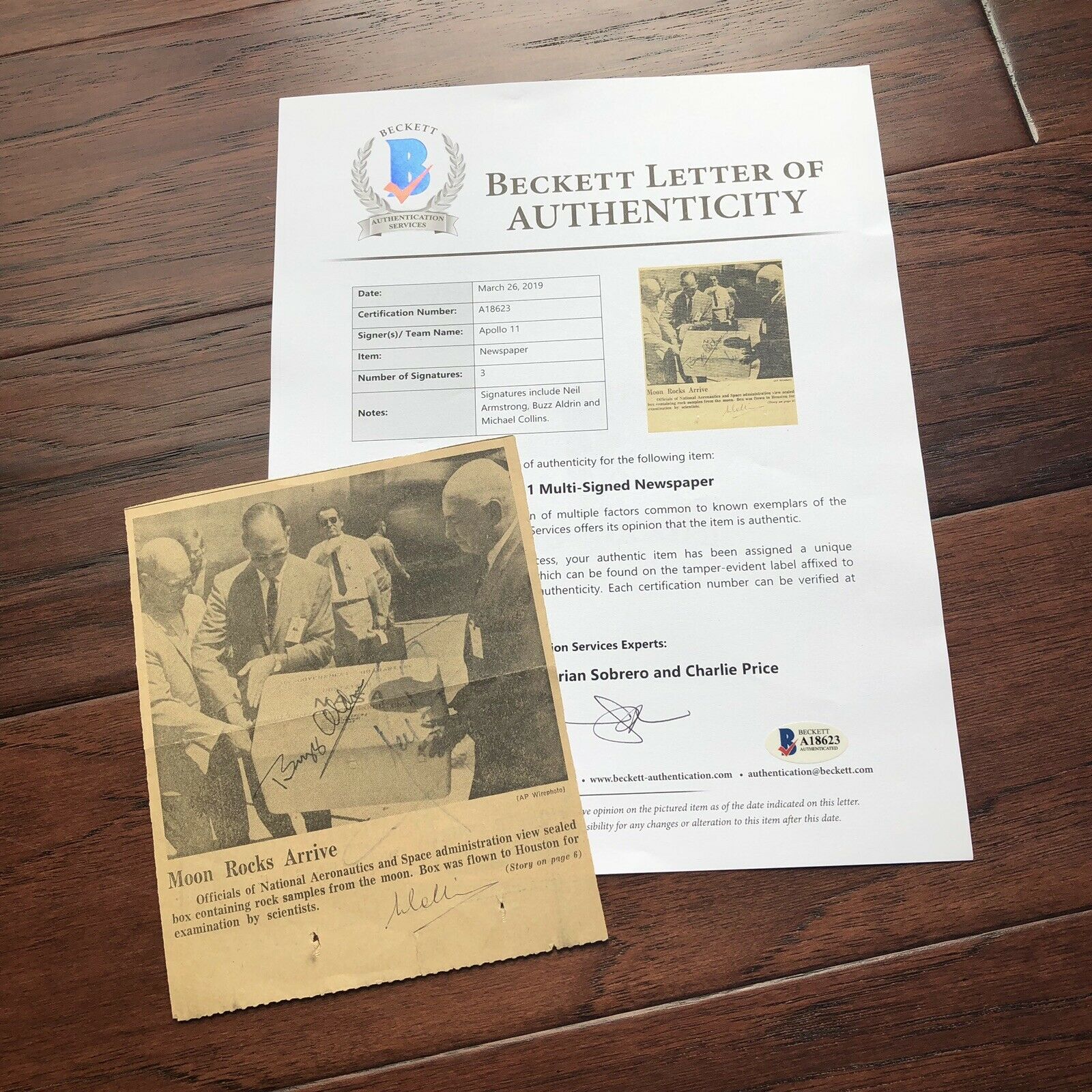 APOLLO 11 CREW SIGNED * BECKETT BAS * AUTOGRAPH "Moon Rocks" Neil Armstrong