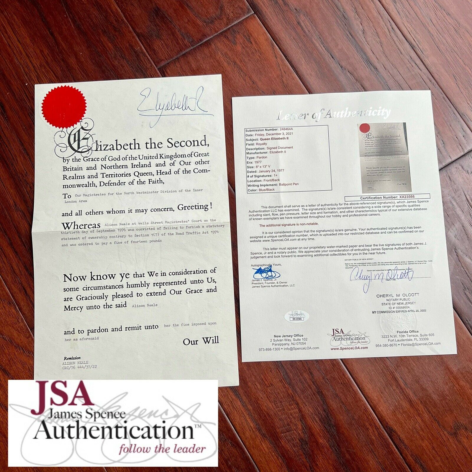 QUEEN ELIZABETH II * JSA LOA * Hand Signed Royal Pardon Document Autograph