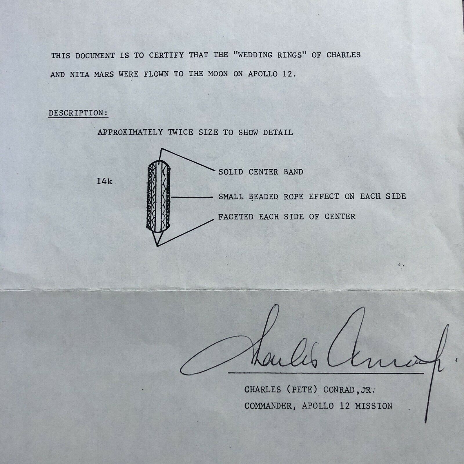APOLLO 12 * Ladies Wedding Ring Flown to the Moon * Charles Conrad COA * Signed