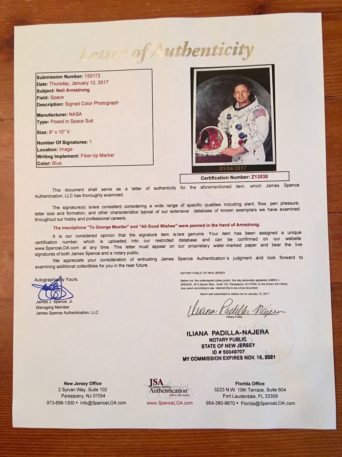 NEIL ARMSTRONG * Signed WSS Portrait JSA NASA LITHOGRAPH * Apollo 11 autograph
