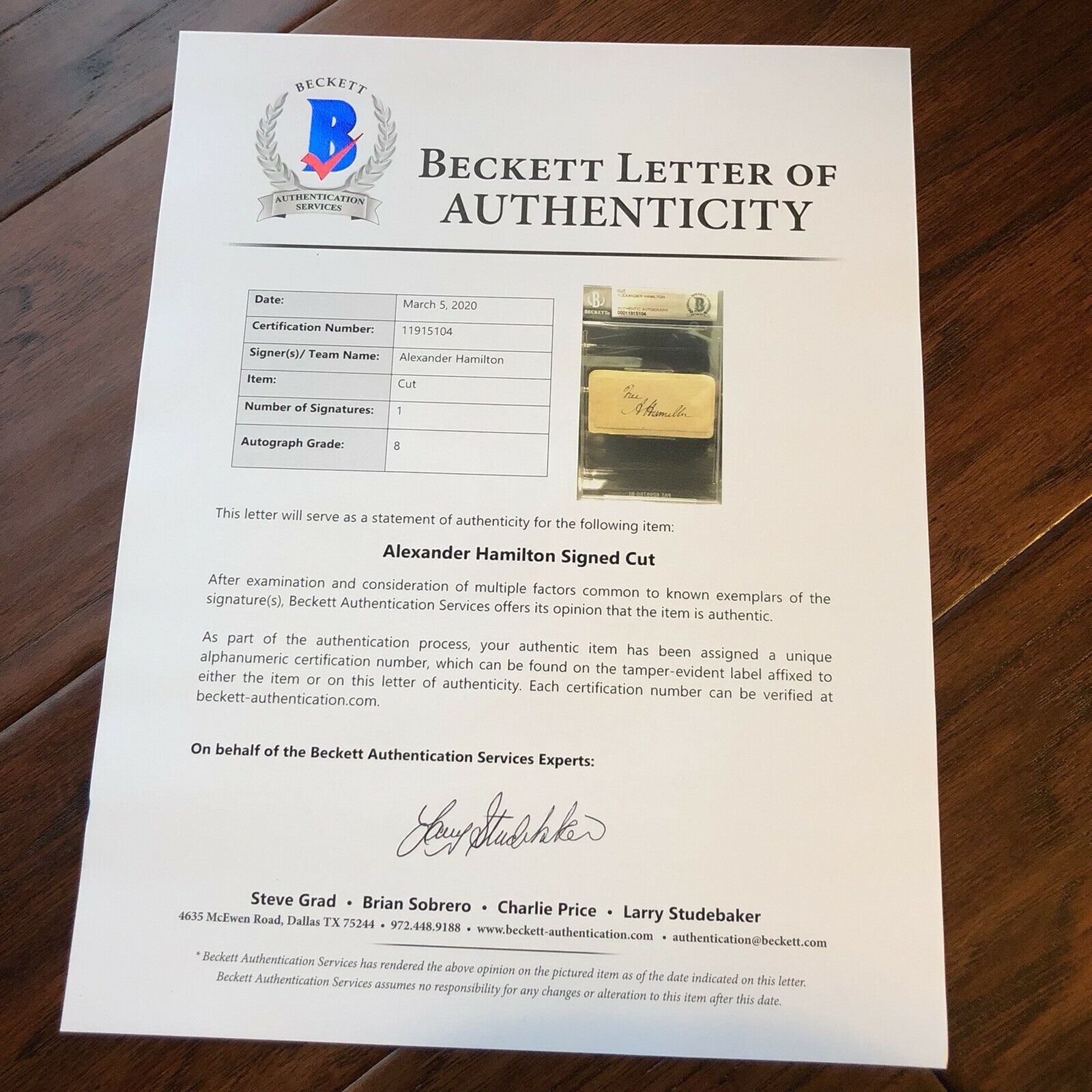 ALEXANDER HAMILTON * BAS Beckett LOA * Autograph Free Frank Signed Slabbed NM 8