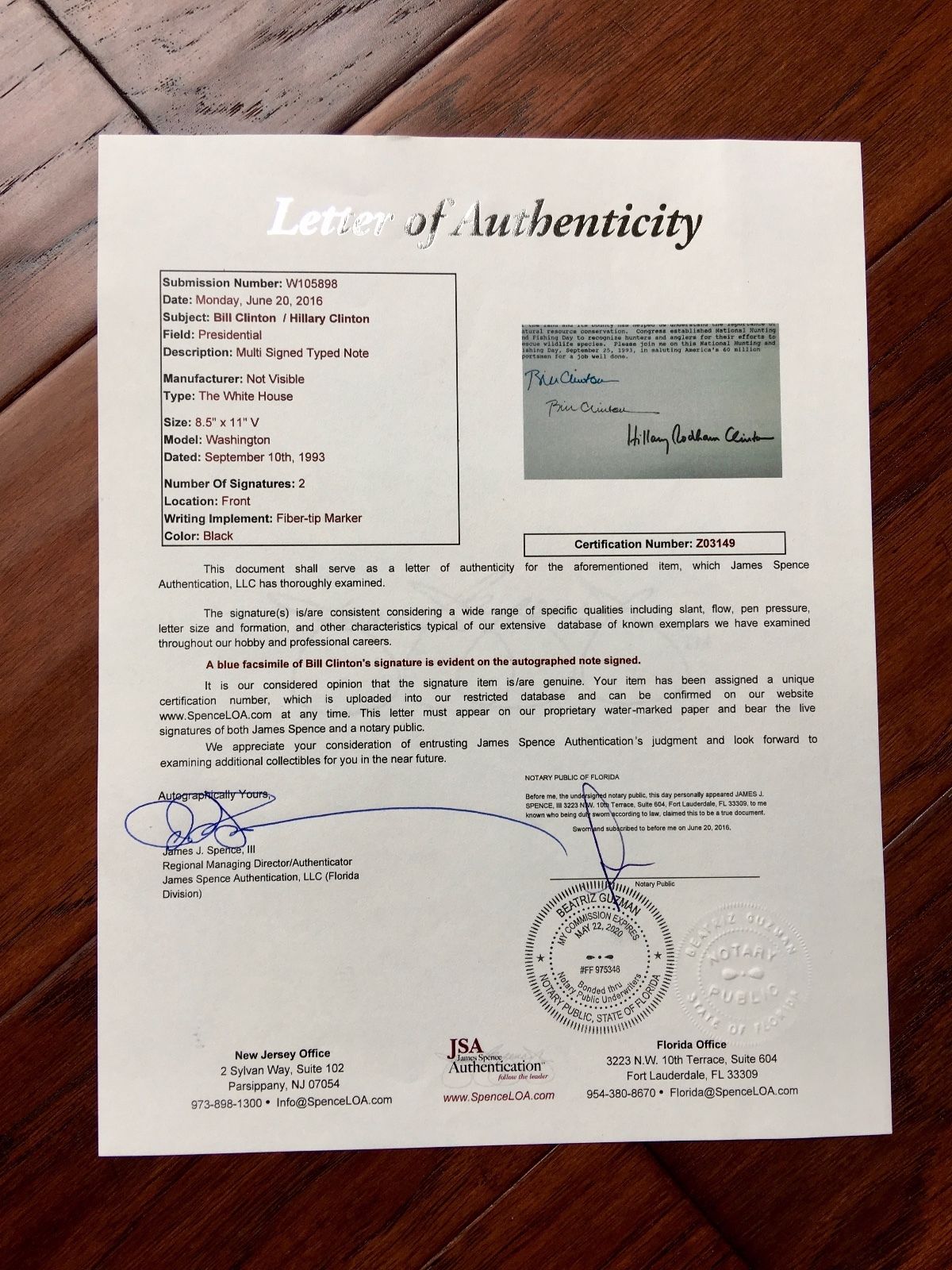 BILL CLINTON HILLARY AUTOGRAPH as-PRESIDENT White House Proclamation JSA COA