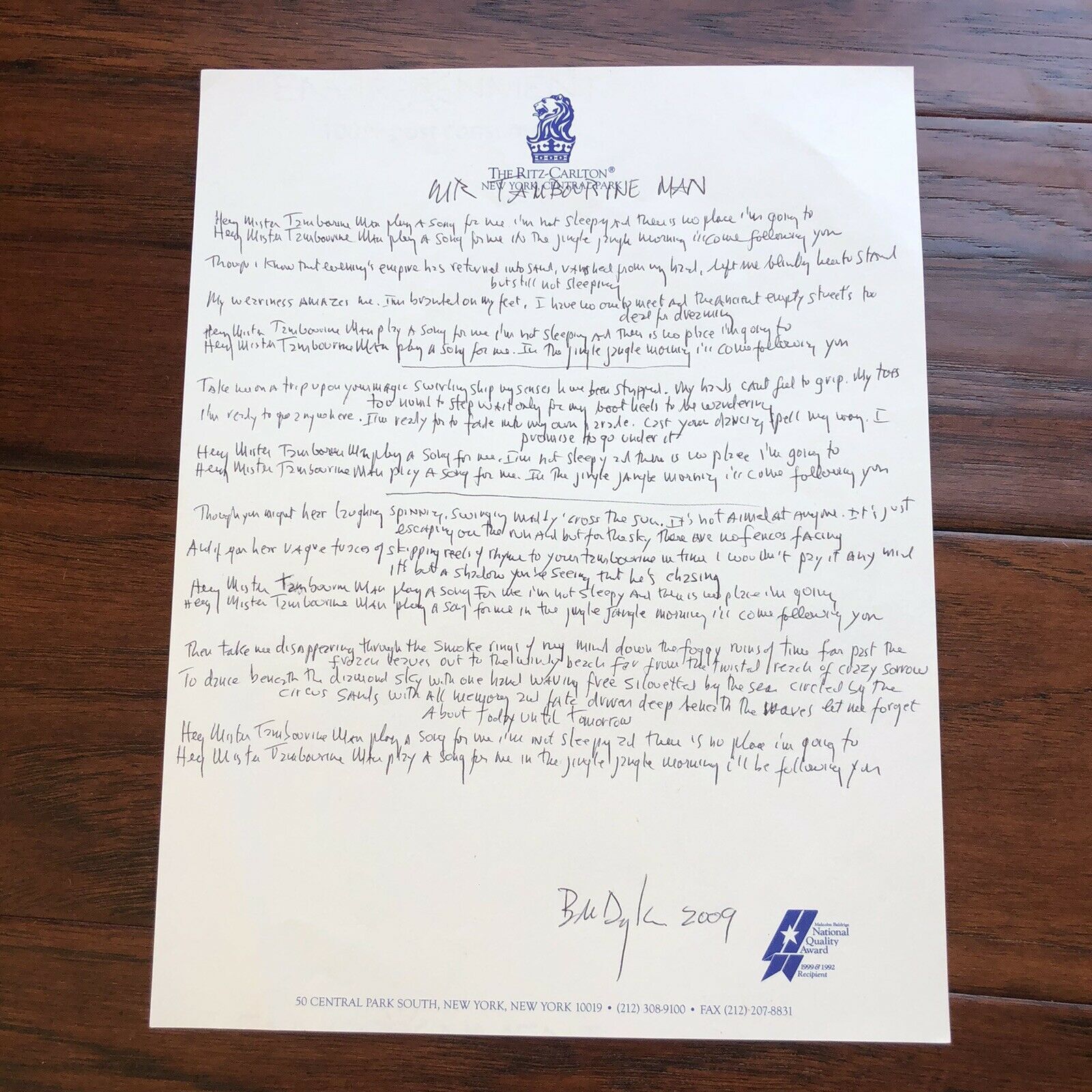 BOB DYLAN * Autograph Signed Handwritten Lyrics Mr Tambourine Man * From Manager