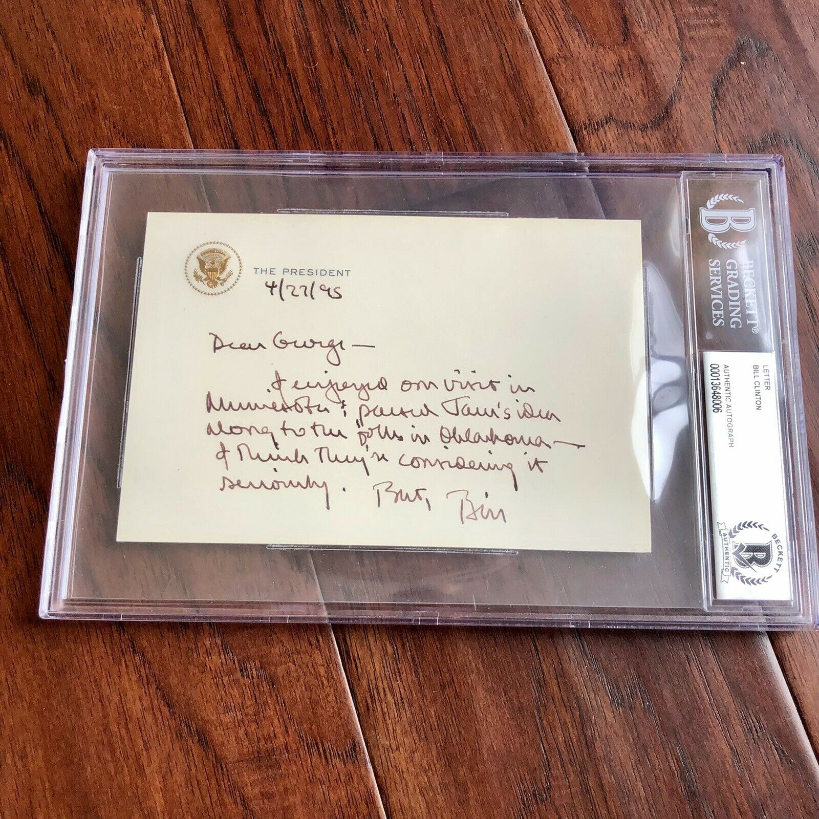 BILL CLINTON * Beckett BAS * Autograph Note As President Signed OK City Bombing