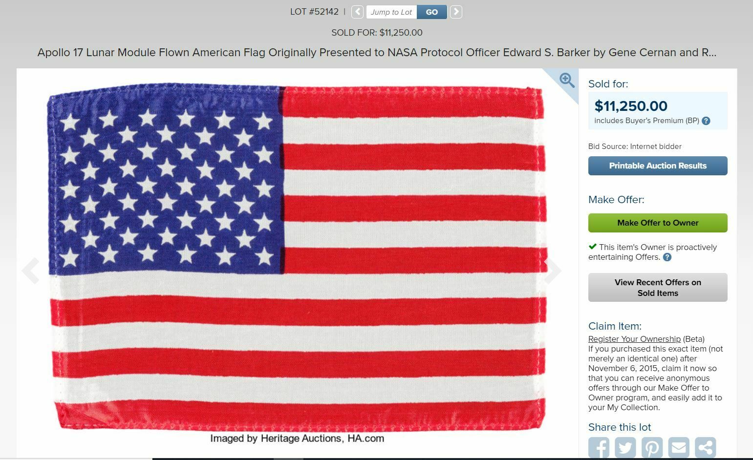 APOLLO 17 * Lunar Surface Flown Flag * NASA Employee Provenance * Gene Cernan