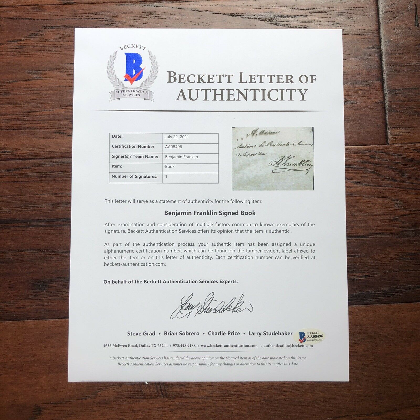 BENJAMIN FRANKLIN * BAS * Signed 1783 Declaration of Independence Book Autograph