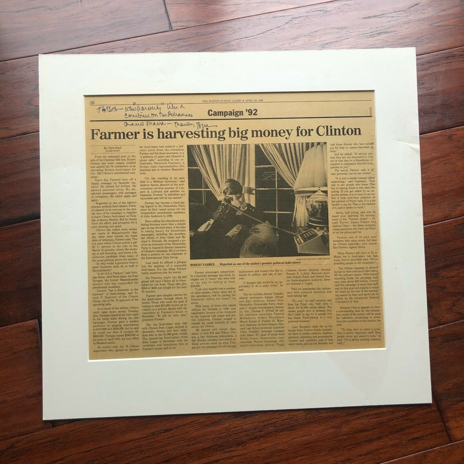 BILL CLINTON * JSA LOA * AUTOGRAPH Newspaper SIGNED re: Harvesting Contributions