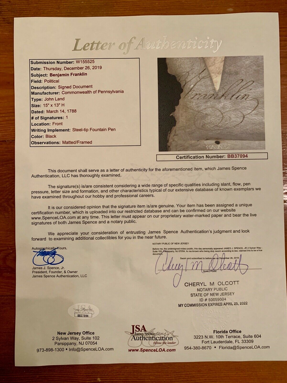 BENJAMIN FRANKLIN * JSA LOA * AUTOGRAPH PA Land Grant Display SIGNED * Ben