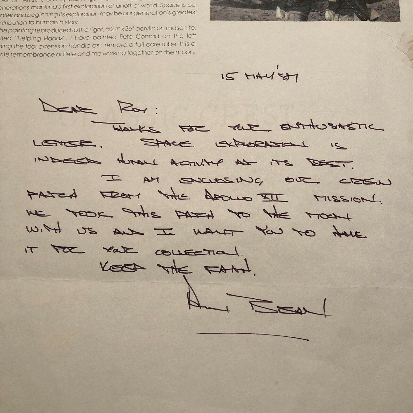 APOLLO 12 * Patch FLOWN TO THE MOON * Alan Bean COA * Hand signed Autograph