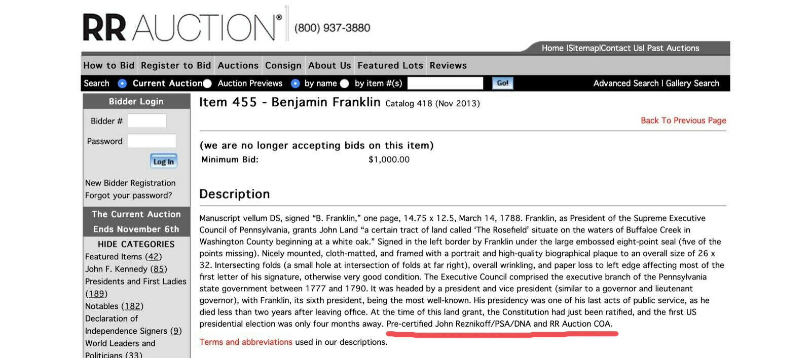 BENJAMIN FRANKLIN * JSA LOA * AUTOGRAPH PA Land Grant Display SIGNED * Ben