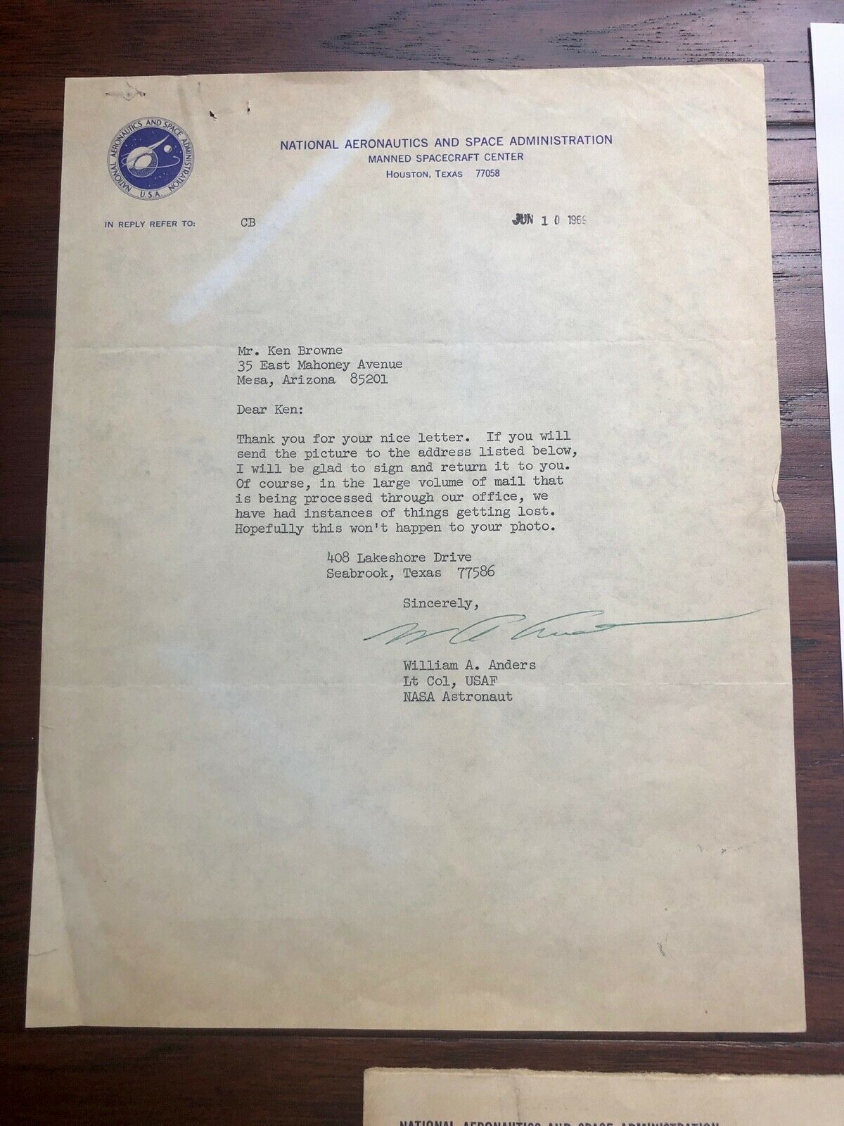 BILL ANDERS * Beckett BAS * Hand Signed Autograph NASA LETTER Apollo 8 William *