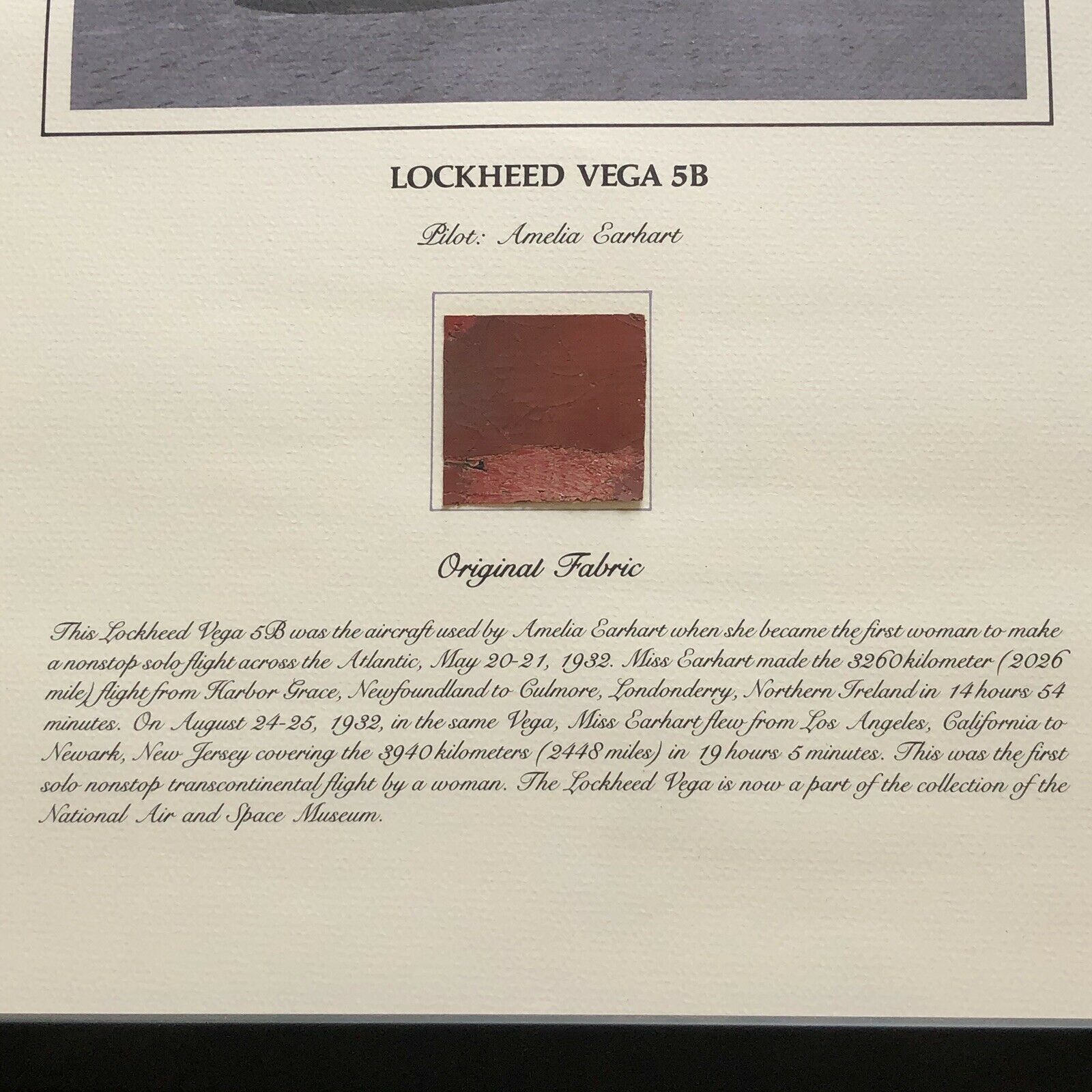 AMELIA EARHART * Original Flown Vega 5B Fabric * From Smithsonian Institute