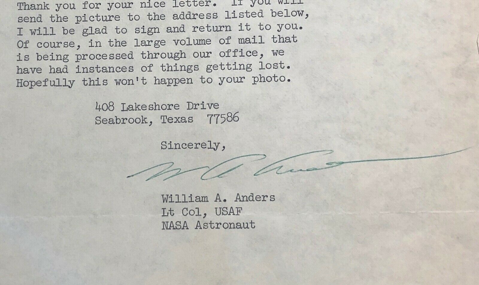 BILL ANDERS * Beckett BAS * Hand Signed Autograph NASA LETTER Apollo 8 William *