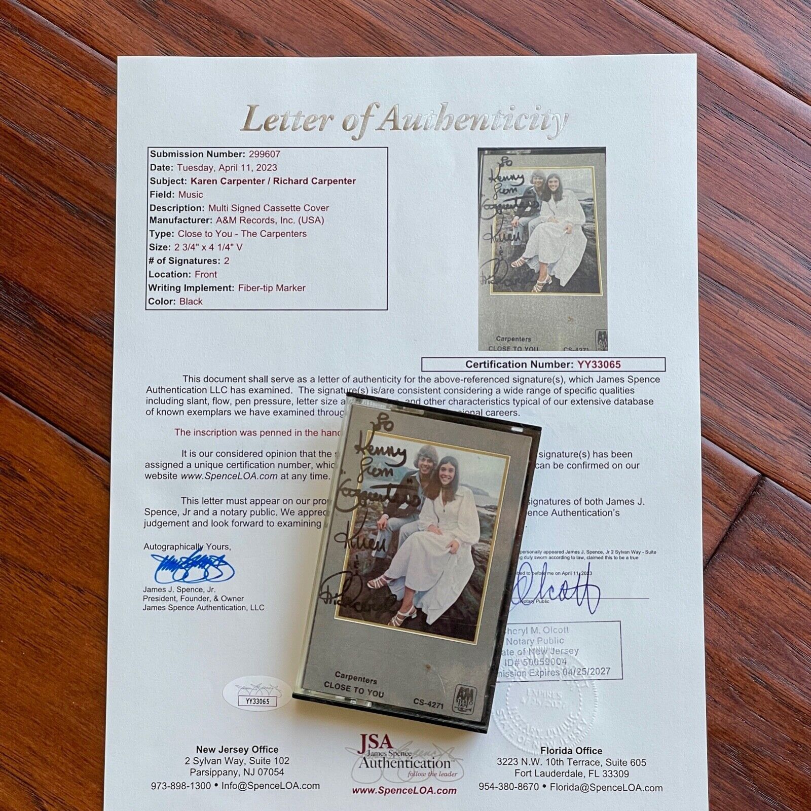 CARPENTERS * JSA * Karen & Richard Autograph CLOSE TO YOU Cassette Tape SIGNED