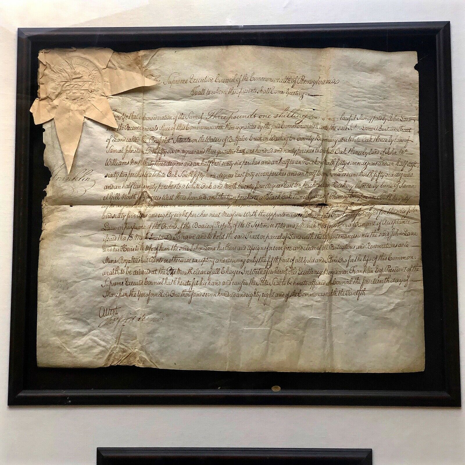 BENJAMIN FRANKLIN * JSA LOA * AUTOGRAPH PA Land Grant Display SIGNED * Ben