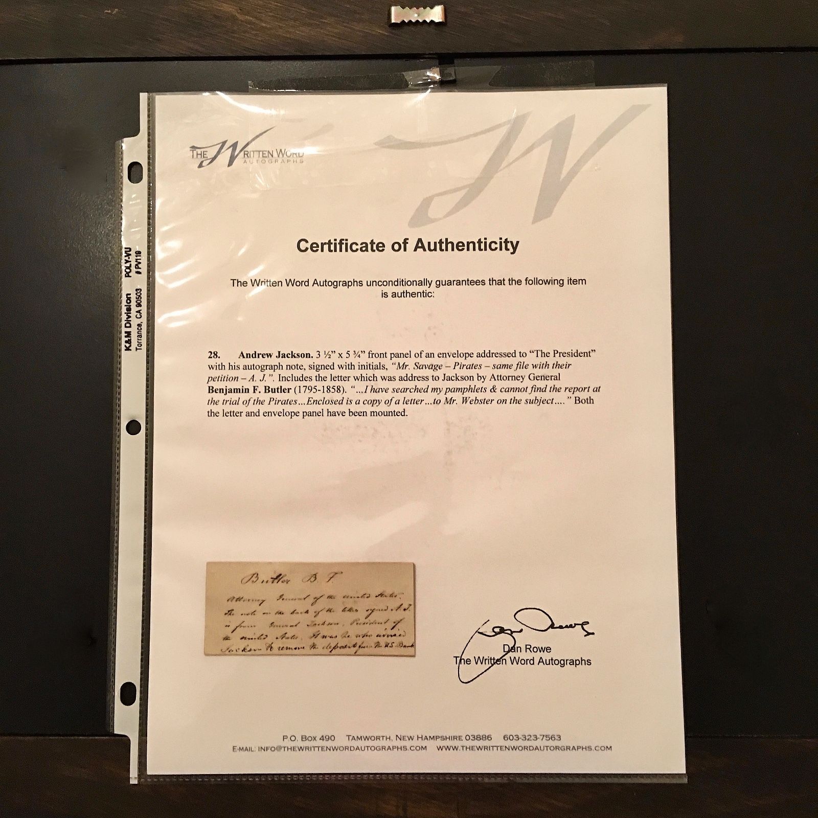 ANDREW JACKSON * as President * "PIRATES" AUTOGRAPH Note * Benjamin Butler