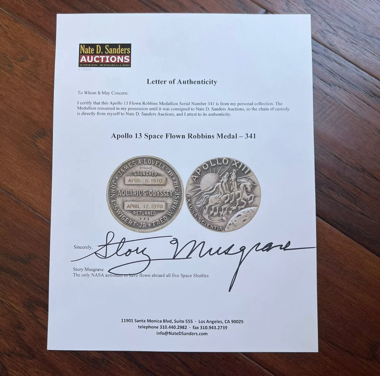 APOLLO 13 * Flown Robbins Medallion * NASA Story Musgrave Signed LOA NGC