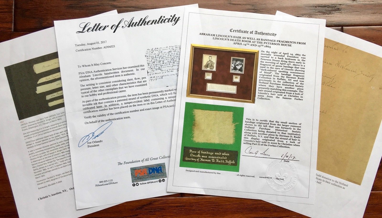 ABRAHAM LINCOLN * Genuine DEATHBED BANDAGE Relic + HAIR + PSA Cut Words * COAs
