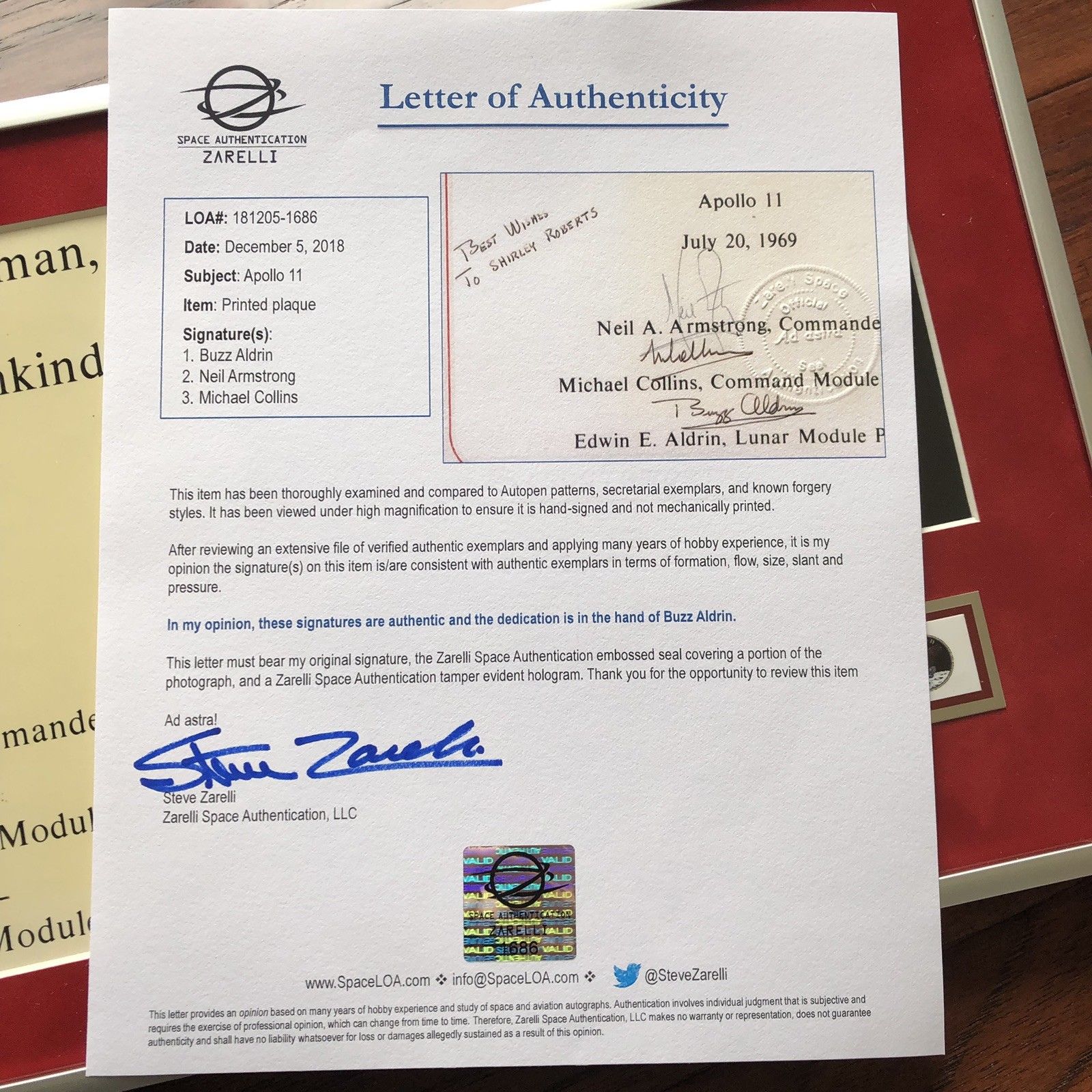 APOLLO 11 CREW SIGNED * PSA Zarelli * AUTOGRAPH "One Small Step" Neil Armstrong