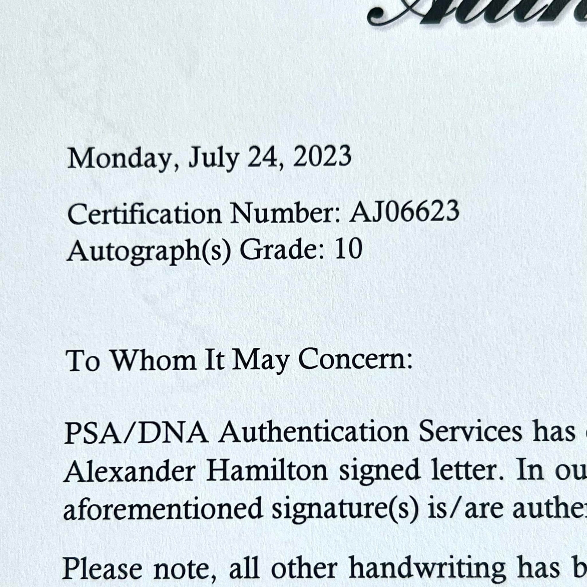 ALEXANDER HAMILTON * PSA 10 * Autograph Letter As Sec Of Treasury from 1790