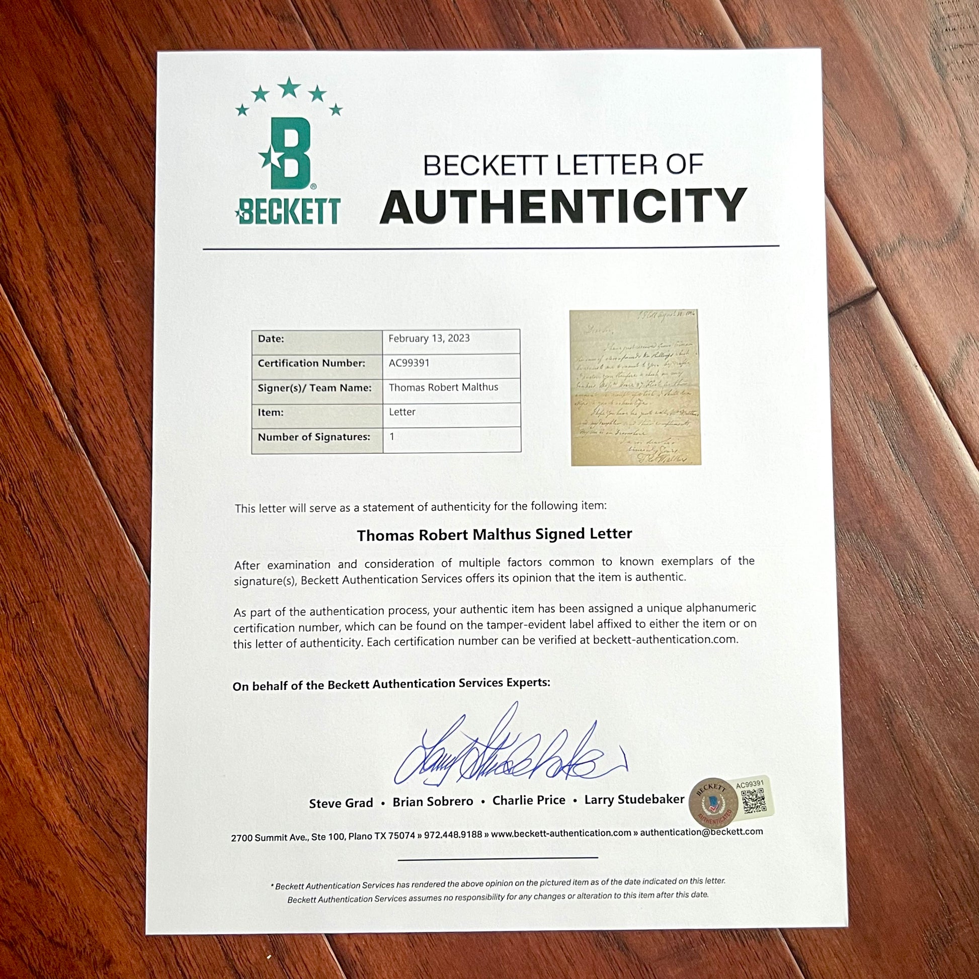 THOMAS ROBERT MALTHUS * BECKETT * HANDWRITTEN AUTOGRAPH LETTER SIGNED ECONOMIST