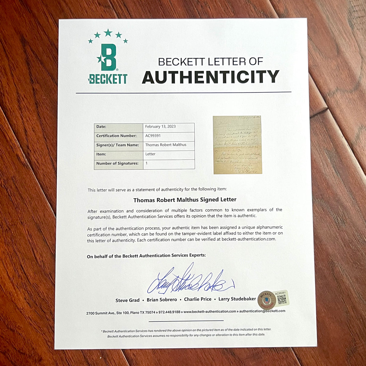 THOMAS ROBERT MALTHUS * BECKETT * HANDWRITTEN AUTOGRAPH LETTER SIGNED ECONOMIST