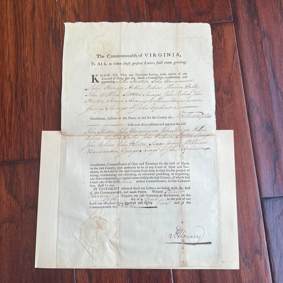 PATRICK HENRY Signed Document Appointing Justices for Slave Trials in Virginia Autograph * PSA