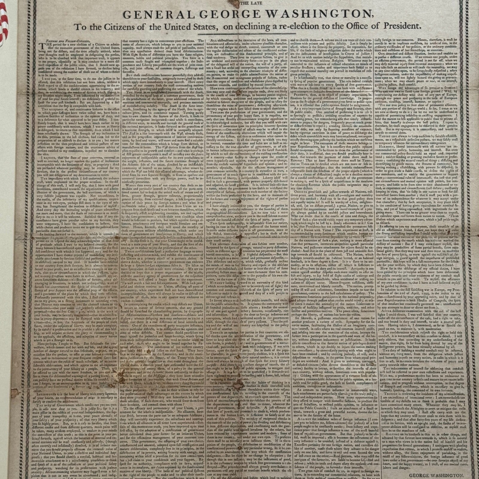 GEORGE WASHINGTON Scarce "FAREWELL ADDRESS" Printed Broadside Circa 1800