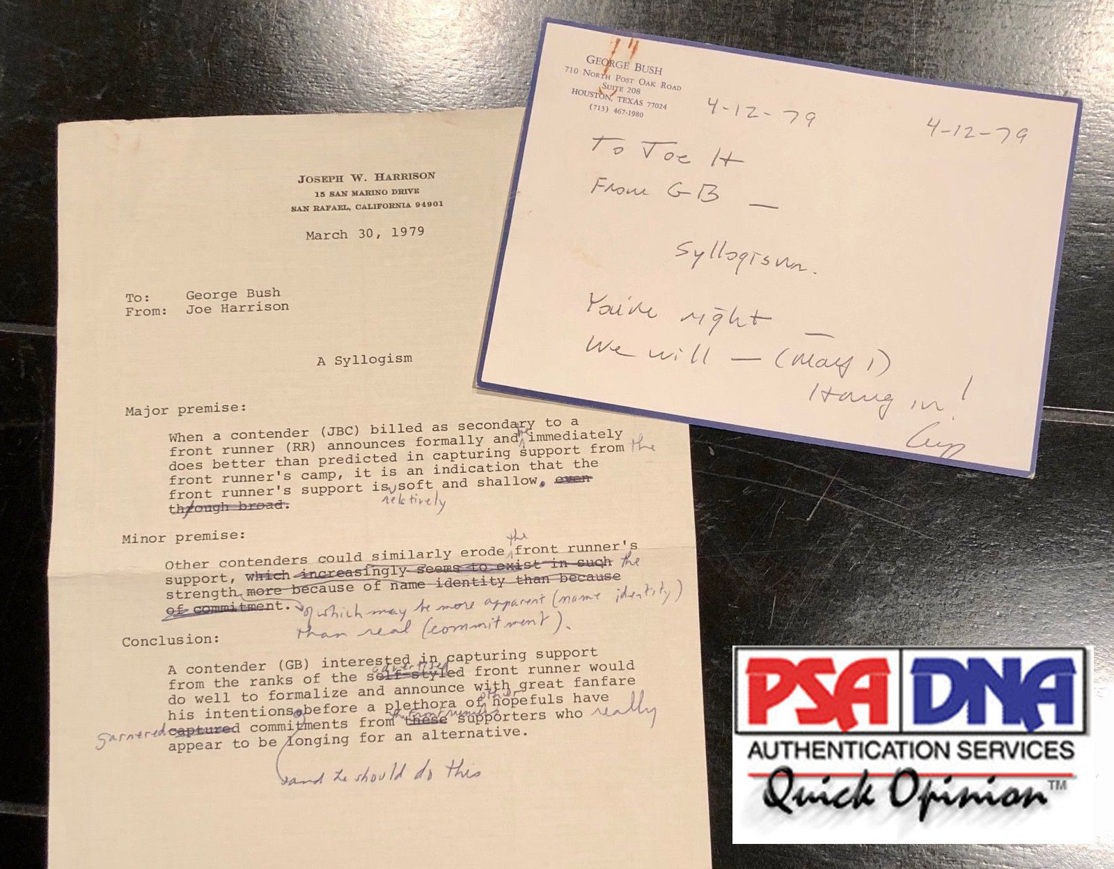 George HW Bush PSA/DNA Handwritten AUTOGRAPH "front runner" Note + correx SIGNED