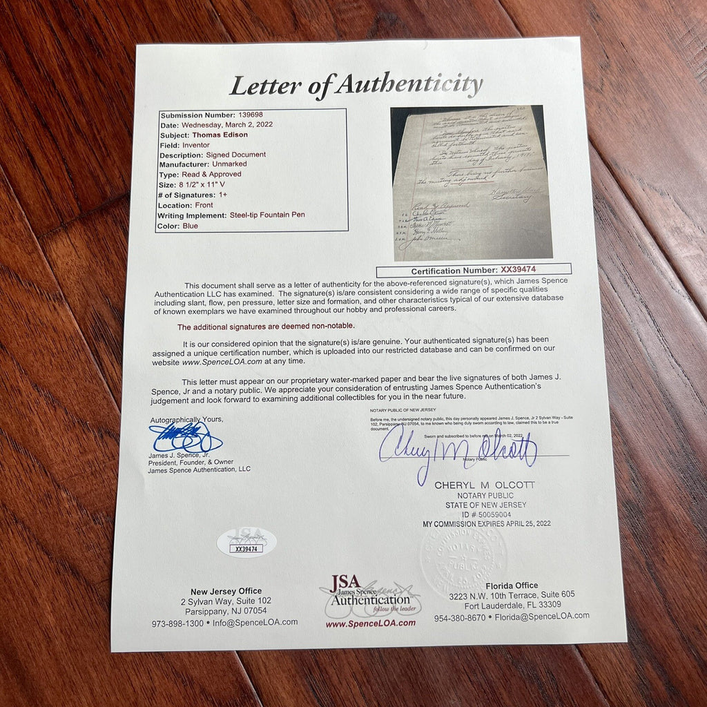 THOMAS EDISON * JSA LOA * AUTOGRAPH 1917 World War 1 Experiments Minutes SIGNED