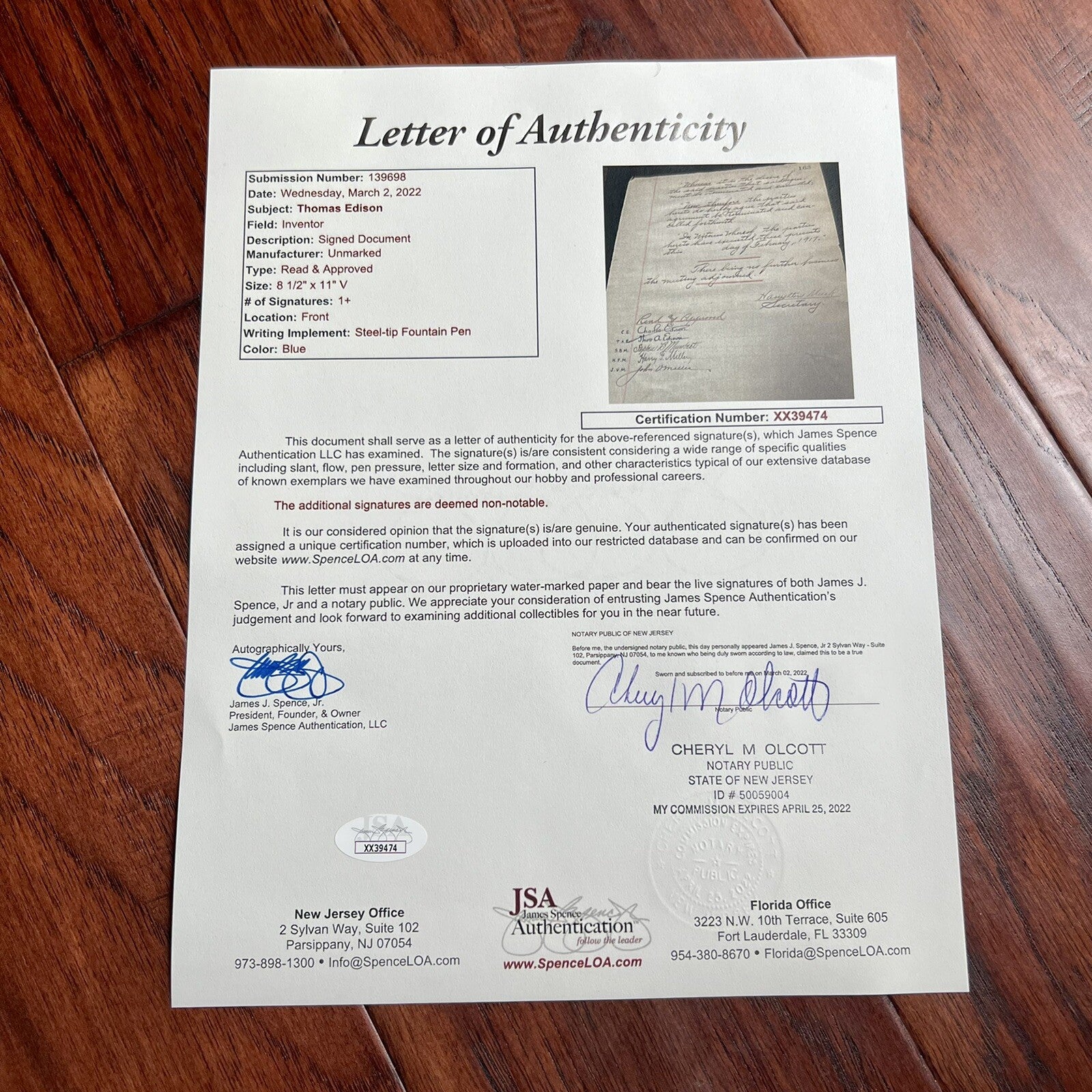 THOMAS EDISON * JSA LOA * AUTOGRAPH 1917 World War 1 Experiments Minutes SIGNED