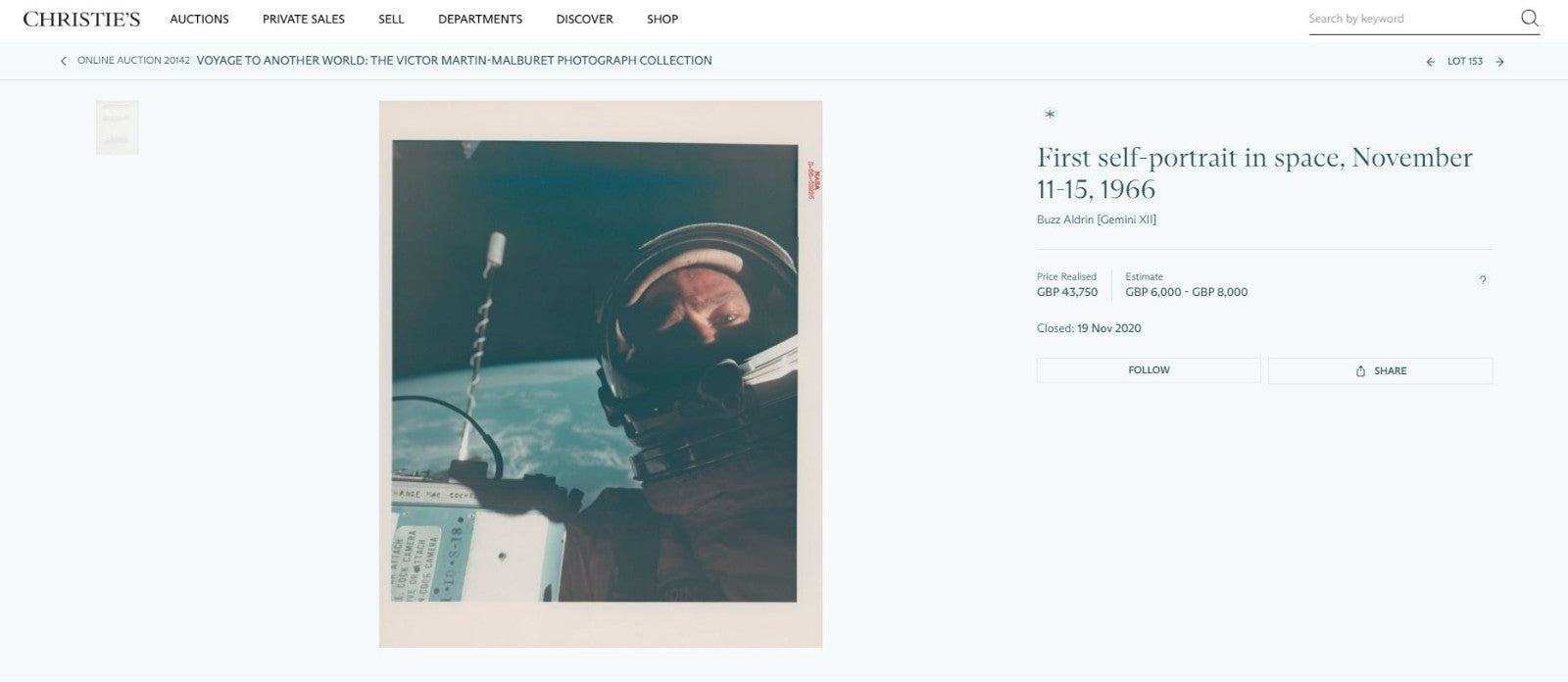 SPACE SELFIE * PSA TYPE 1 PHOTOGRAPH * Gemini 12 Red Number S6662926 I ALDRIN