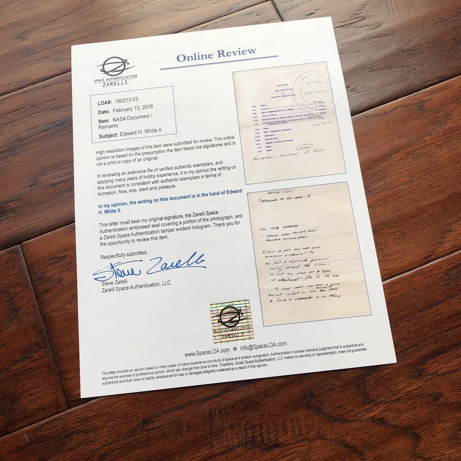 EDWARD H WHITE * Zarelli LOA * NASA ORIENTATION PAPERS + Autograph SPEECH 