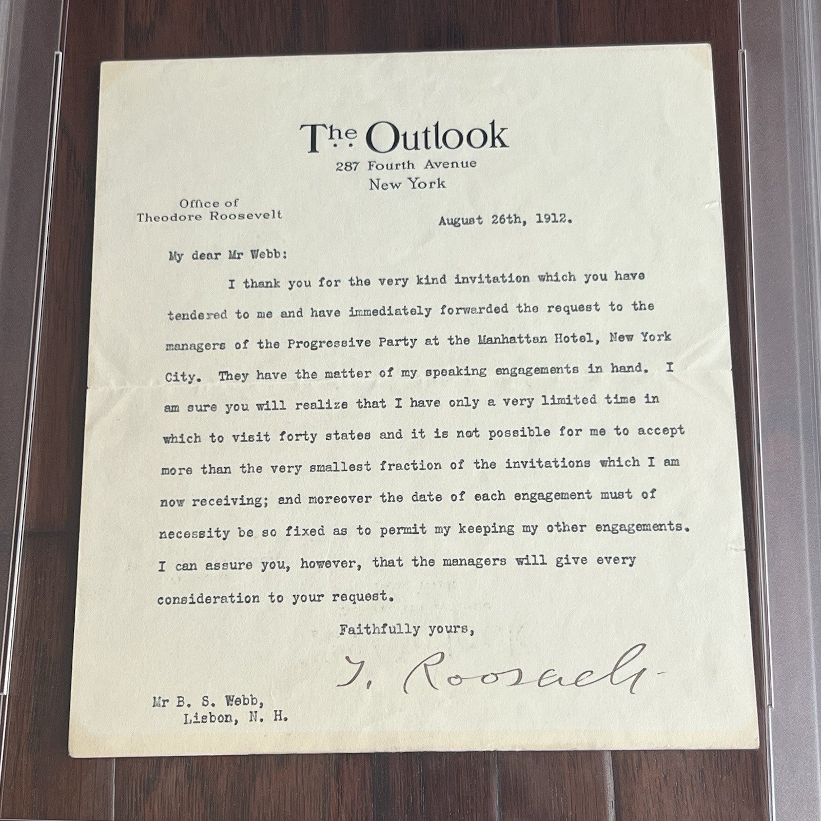 THEODORE ROOSEVELT * PSA * Autograph OUTLOOK Letter Re BULL MOOSE Signed * 1912