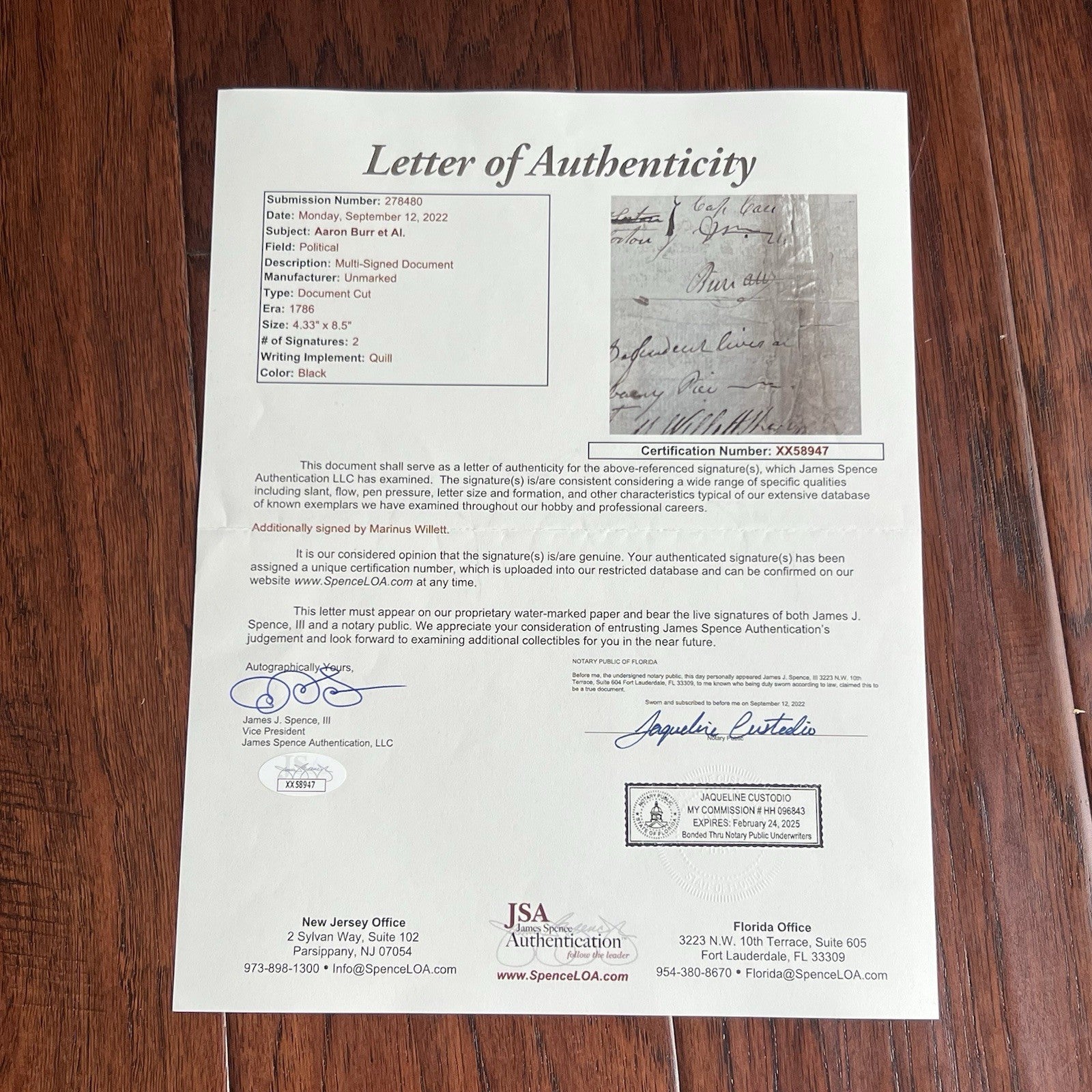 AARON BURR * JSA * With Sons of Liberty Member Autograph Legal Document Signed