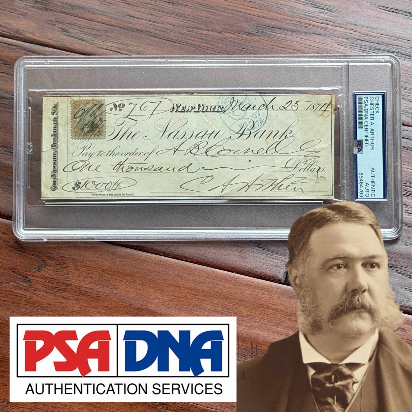 CHESTER ARTHUR * PSA/DNA * Autograph Handwritten Check Signed * NYC 1874