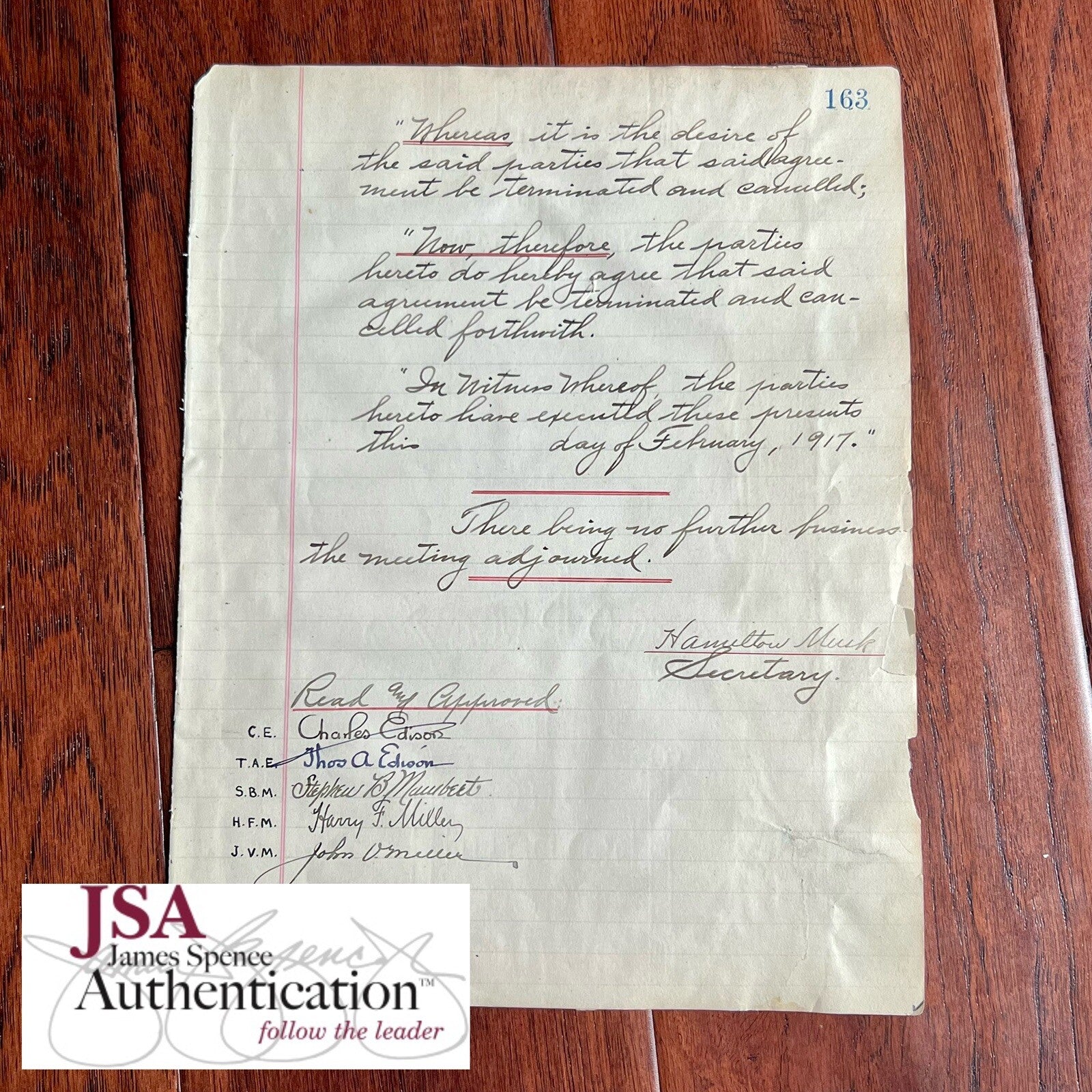 THOMAS EDISON * JSA LOA * AUTOGRAPH 1917 World War 1 Experiments Minutes SIGNED
