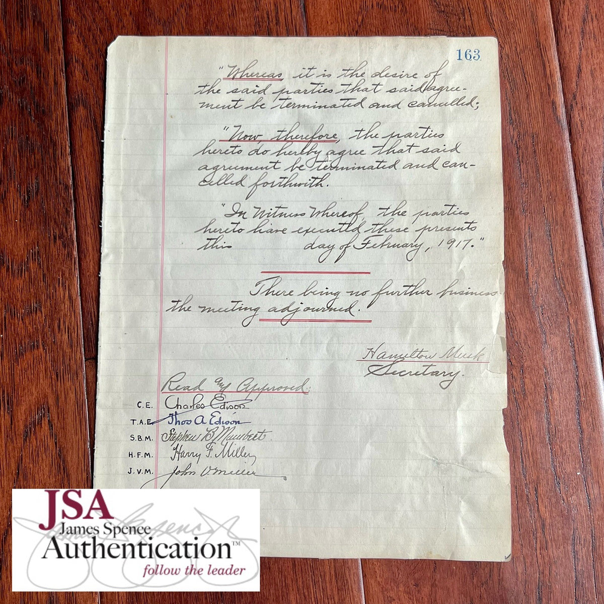 THOMAS EDISON * JSA LOA * AUTOGRAPH 1917 World War 1 Experiments Minutes SIGNED