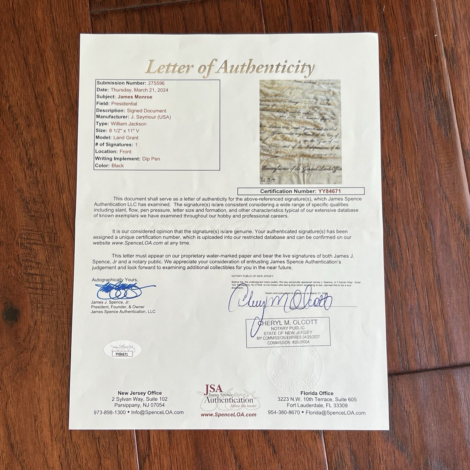 JAMES MONROE * PSA * Autograph Cut Signature CUSTOM CARD Signed