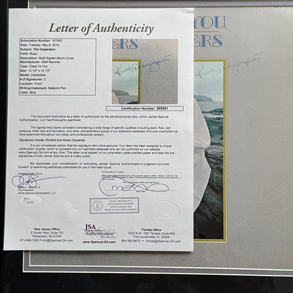 CARPENTERS * JSA * KAREN & RICHARD AUTOGRAPH "CLOSE TO YOU" ALBUM SIGNED LP
