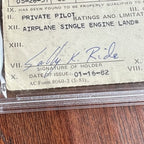 SALLY RIDE * PSA * AUTOGRAPH Personal FAA PILOT LICENSE * NASA Shuttle Astronaut