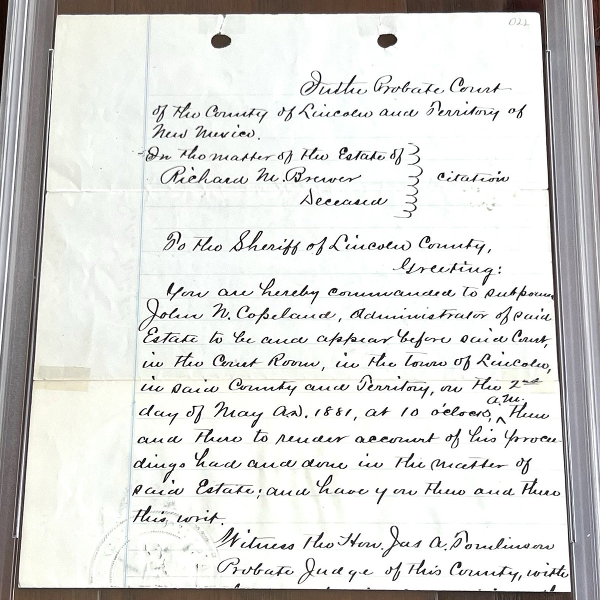 PAT GARRETT * PSA * Signed 1881 Billy the Kid Lawman Autograph SHERIFF Subpoena