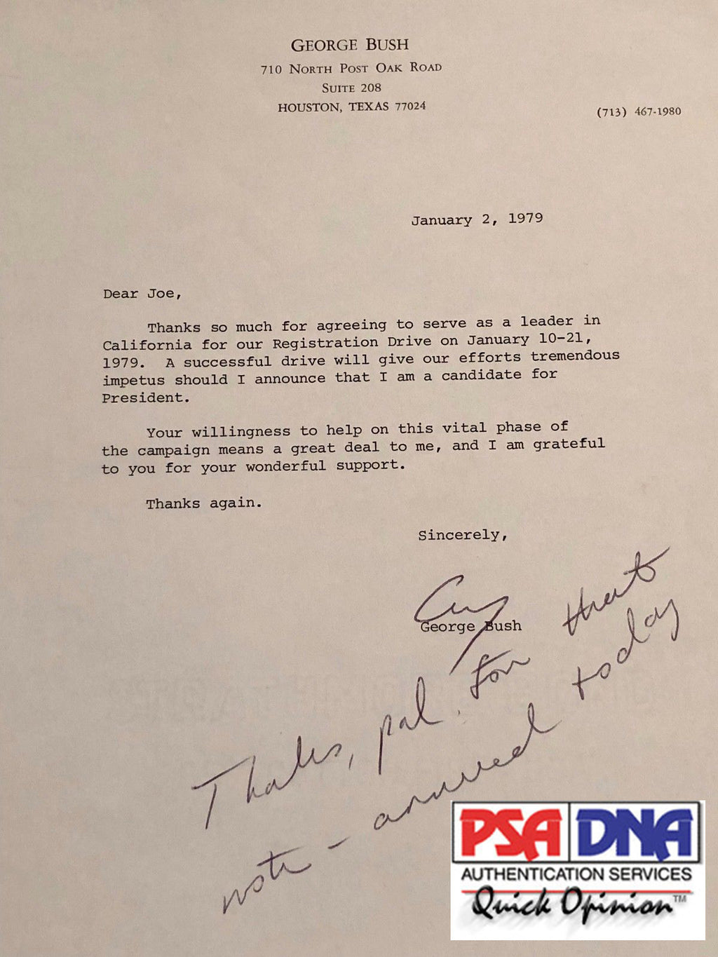 George HW Bush * PSA/DNA * AUTOGRAPH "candidate for President" SIGNED Letter