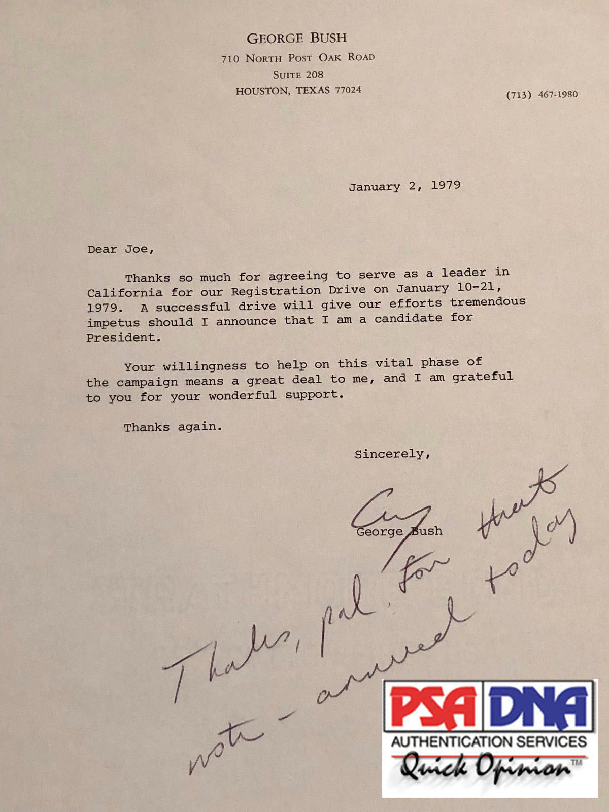 George HW Bush * PSA/DNA * AUTOGRAPH "candidate for President" SIGNED Letter