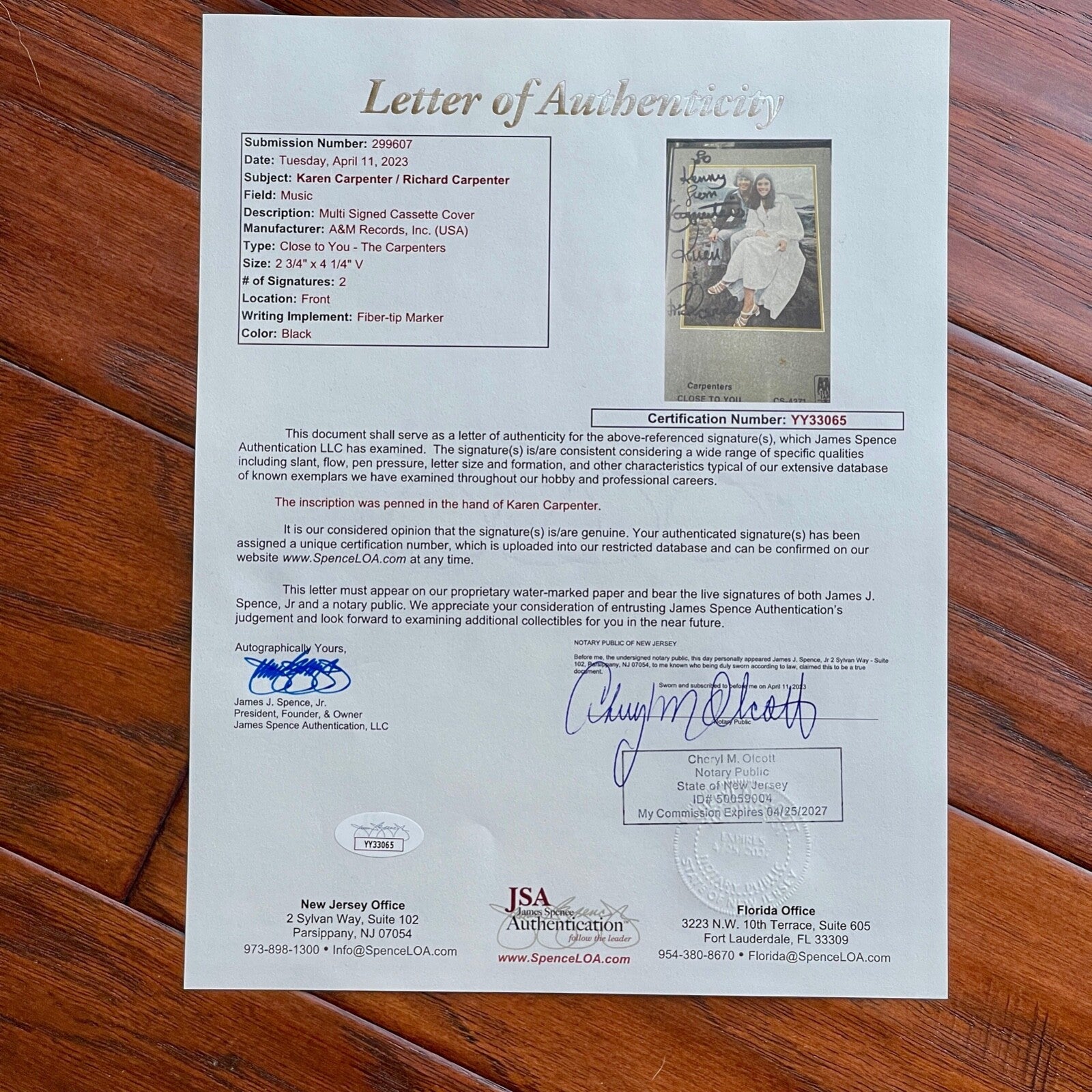 CARPENTERS * JSA * Karen & Richard Autograph CLOSE TO YOU Cassette  Tape SIGNED